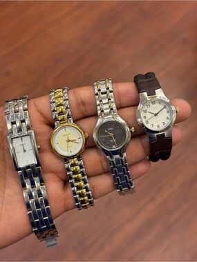 Vintage Timex DKNY Set of Four Women's Wrist Watches - Mixed Metal & Brown Strap